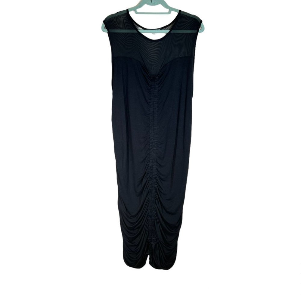 Boston Proper Black Ruched XL Dress Bodycon Sheer Collar Stretch Double Lined